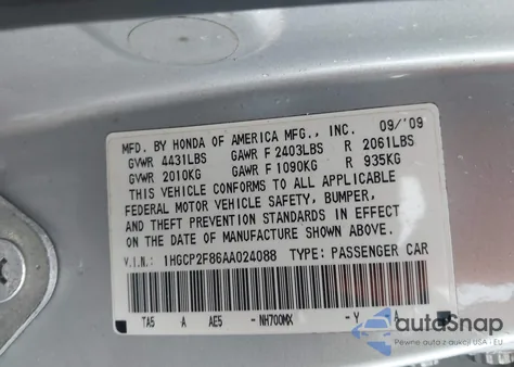 2010 Honda Accord 2.4 Ex-L из США, поврежденный, VIN 1HGCP2F86AA024088